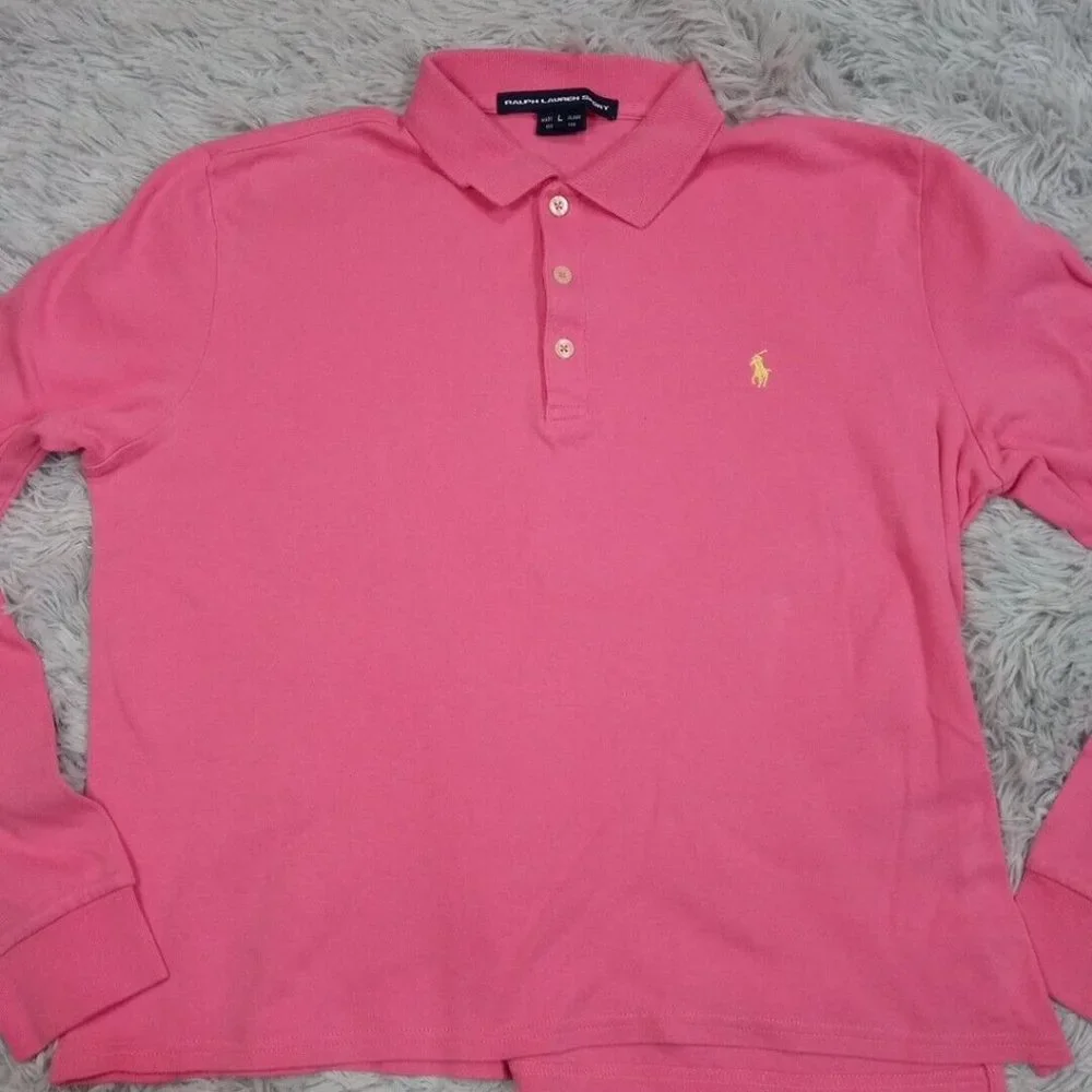 Ralph‎ Lauren Sport Boys Shirt Polo Pink L Logo Pony Cotton Button Collar